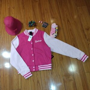 LOOKS NEW Barbie Pink Varsity Jacket with ribbed trim